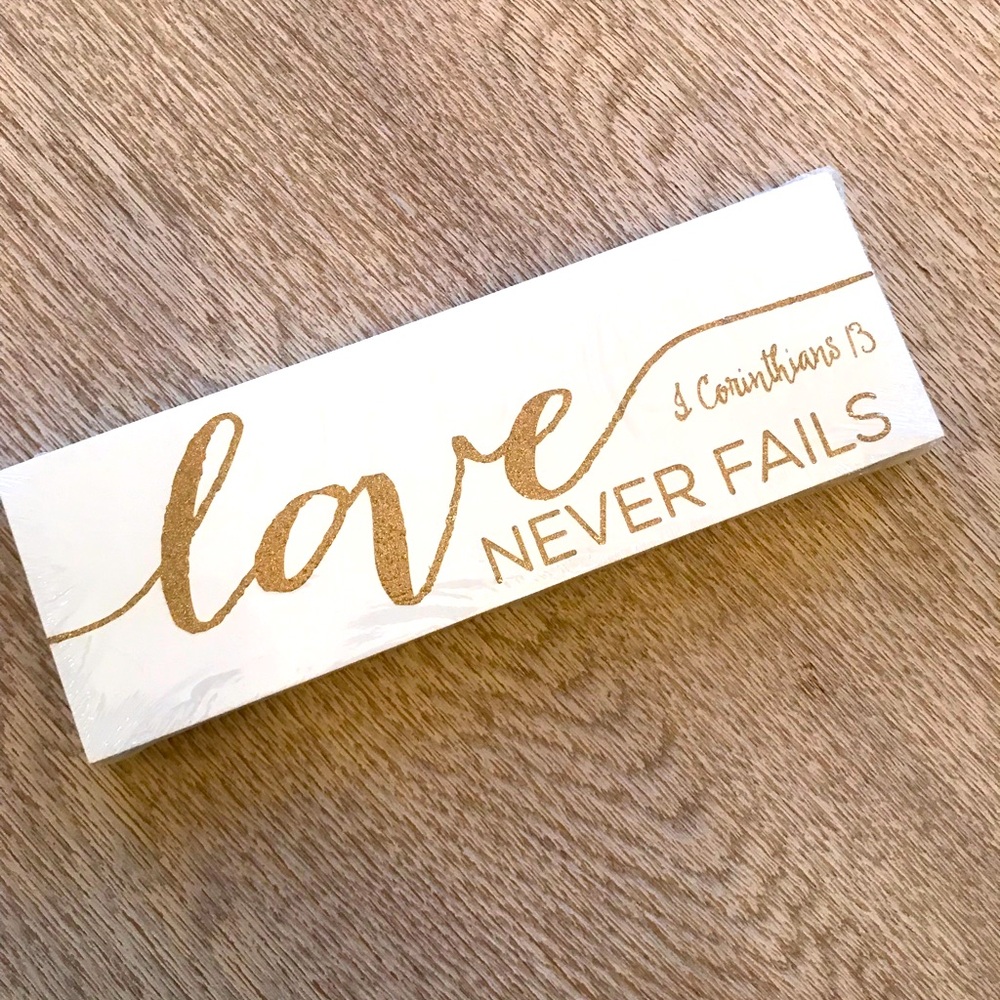 NEW Wedding, Bridal, Anniversary Gift Love Never Fails Shelf Plaque Home Decor